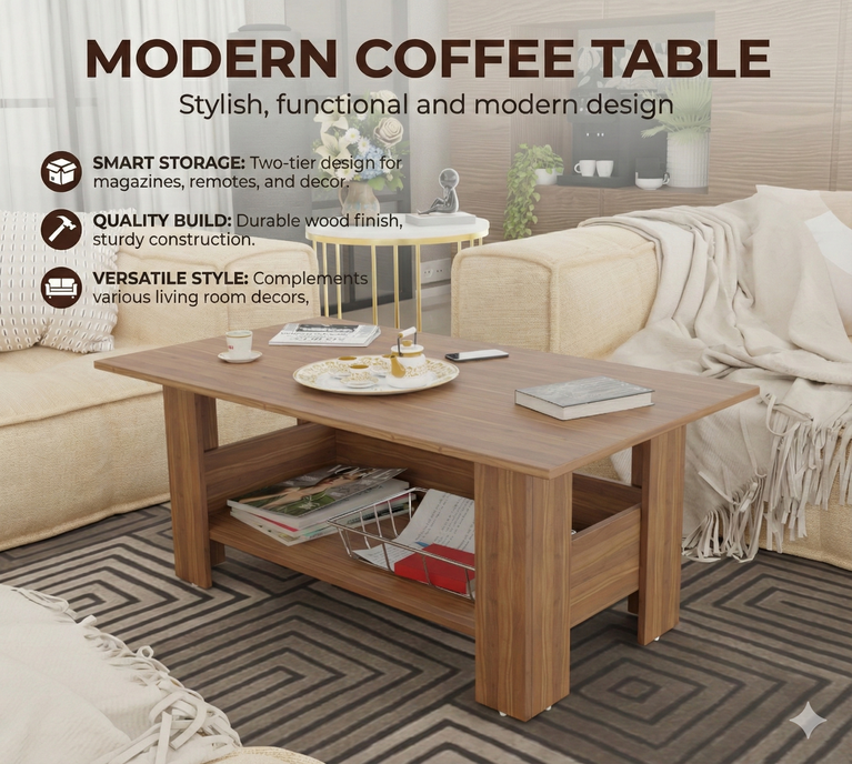 Spyder Craft Gabrial Modern Wooden Coffee Table with Storage| Coffee Table for Living Room Engineered Wood Coffee Table (Modern, Noce Lyon))