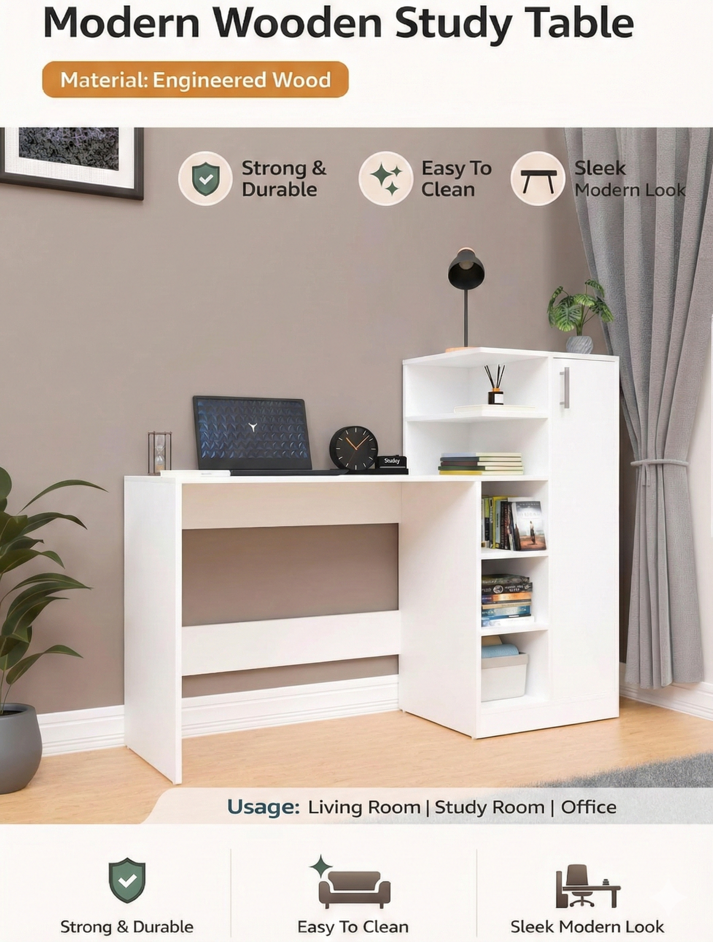 Spydercraft White Engineered Wood DYNA Study Table with Storage Cabinet – Modern Multipurpose Desk with Shelves