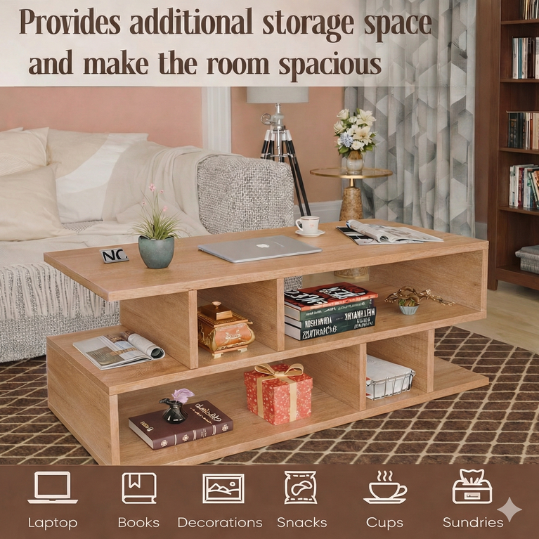 Spydercraft Zig Zag Bedside Table in Canyon Oak Finish | Modern Wooden Nightstand with Open Shelves | Engineered Wood Side Table