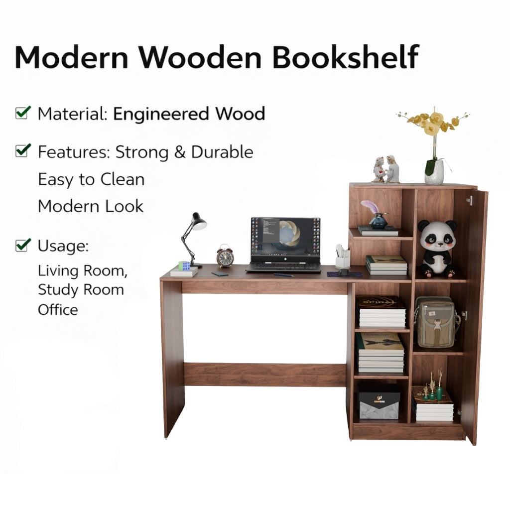 Spydercraft Columbian Walnut Engineered Wood Dyna Study Table with Storage Shelves – Modern Multipurpose Desk with Compact Design