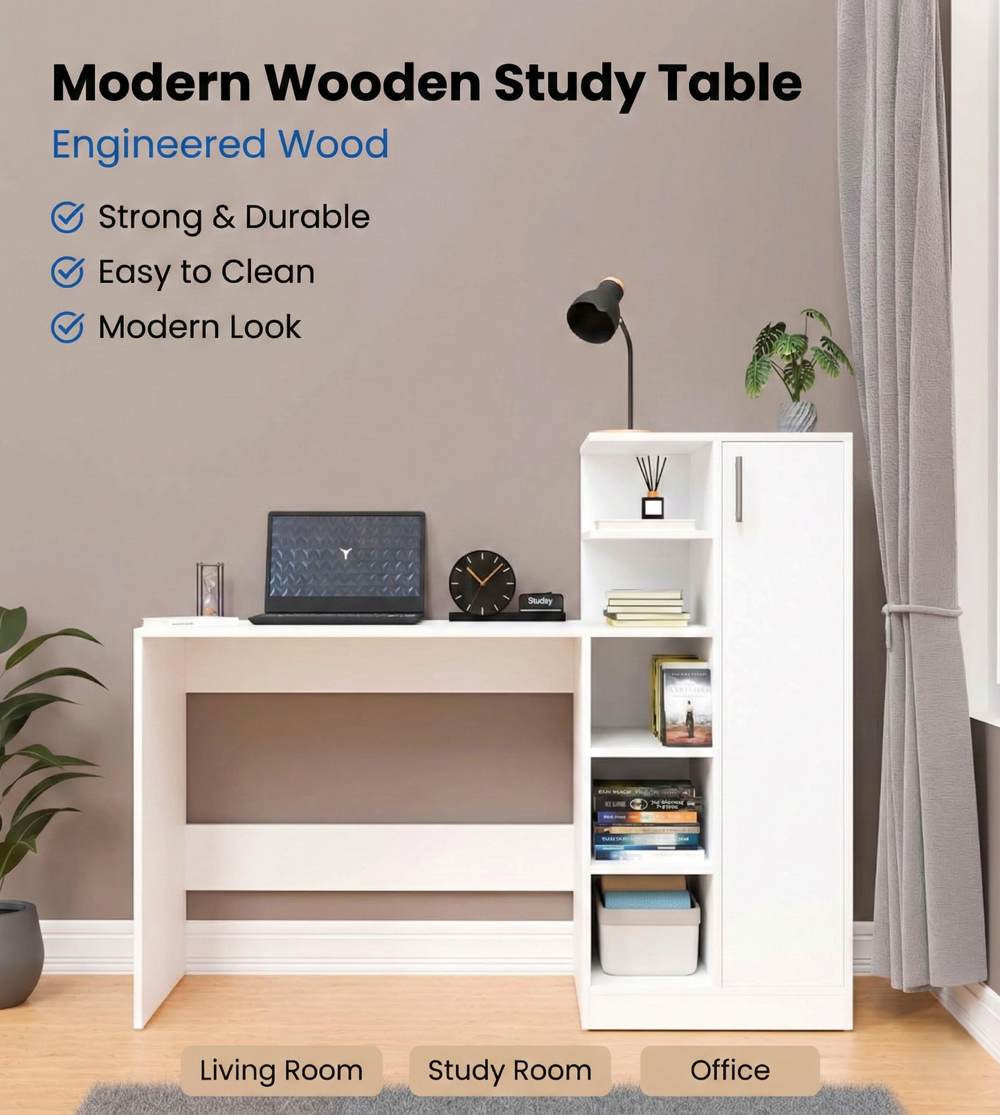 Spydercraft White Engineered Wood DYNA Study Table with Storage Cabinet – Modern Multipurpose Desk with Shelves