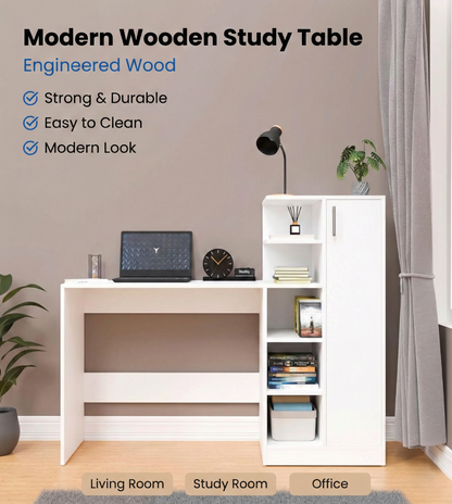 Spydercraft White Engineered Wood DYNA Study Table with Storage Cabinet – Modern Multipurpose Desk with Shelves