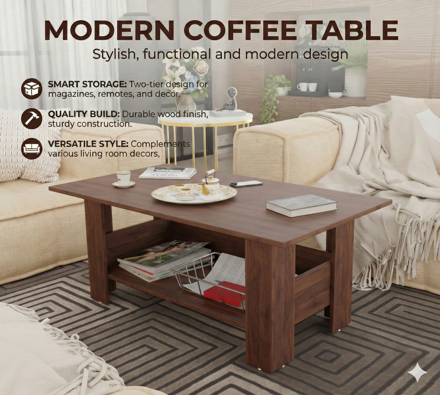 Spyder Craft Gabrial Modern Wooden Coffee Table with Storage| Coffee Table for Living Room Engineered Wood Coffee Table (Modern, Columbian Walnut)