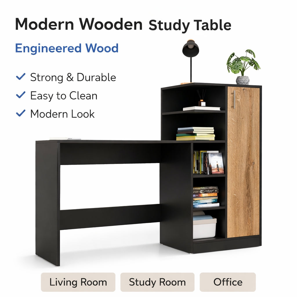 Spydercraft Canyon Oak & Black Engineered Wood DYNA Study Table with Storage Cabinet – Modern Multipurpose Desk with Shelves