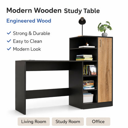 Spydercraft Canyon Oak & Black Engineered Wood DYNA Study Table with Storage Cabinet – Modern Multipurpose Desk with Shelves