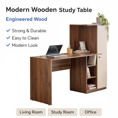 Spydercraft Modern Dyna Study Table with Storage Cabinet – Space-Saving Work Desk in Walnut & White Finish
