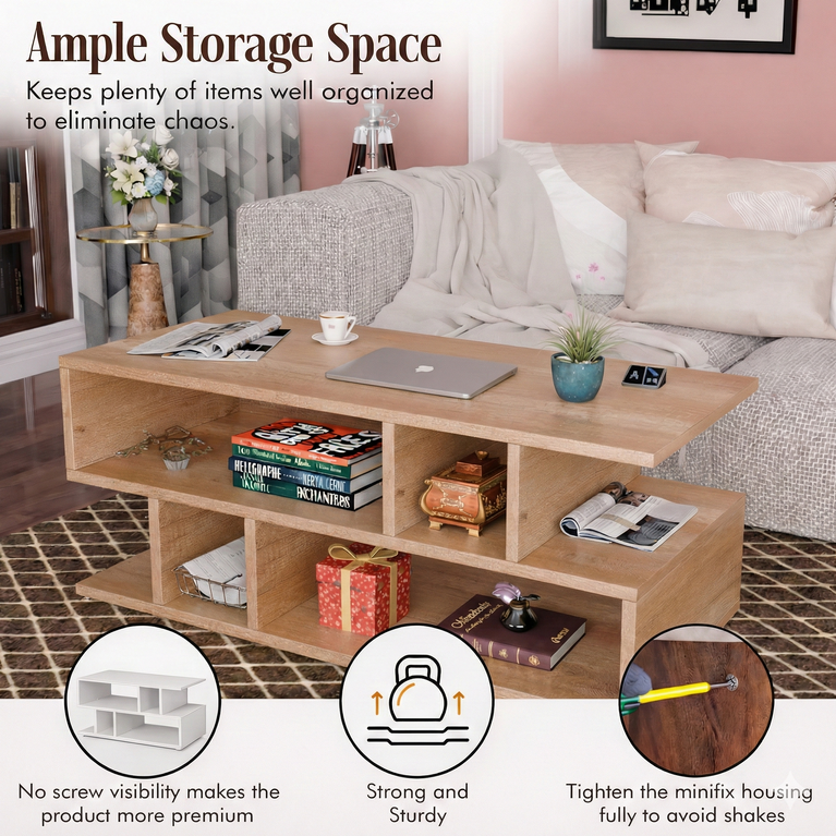 Spydercraft Zig Zag Bedside Table in Canyon Oak Finish | Modern Wooden Nightstand with Open Shelves | Engineered Wood Side Table