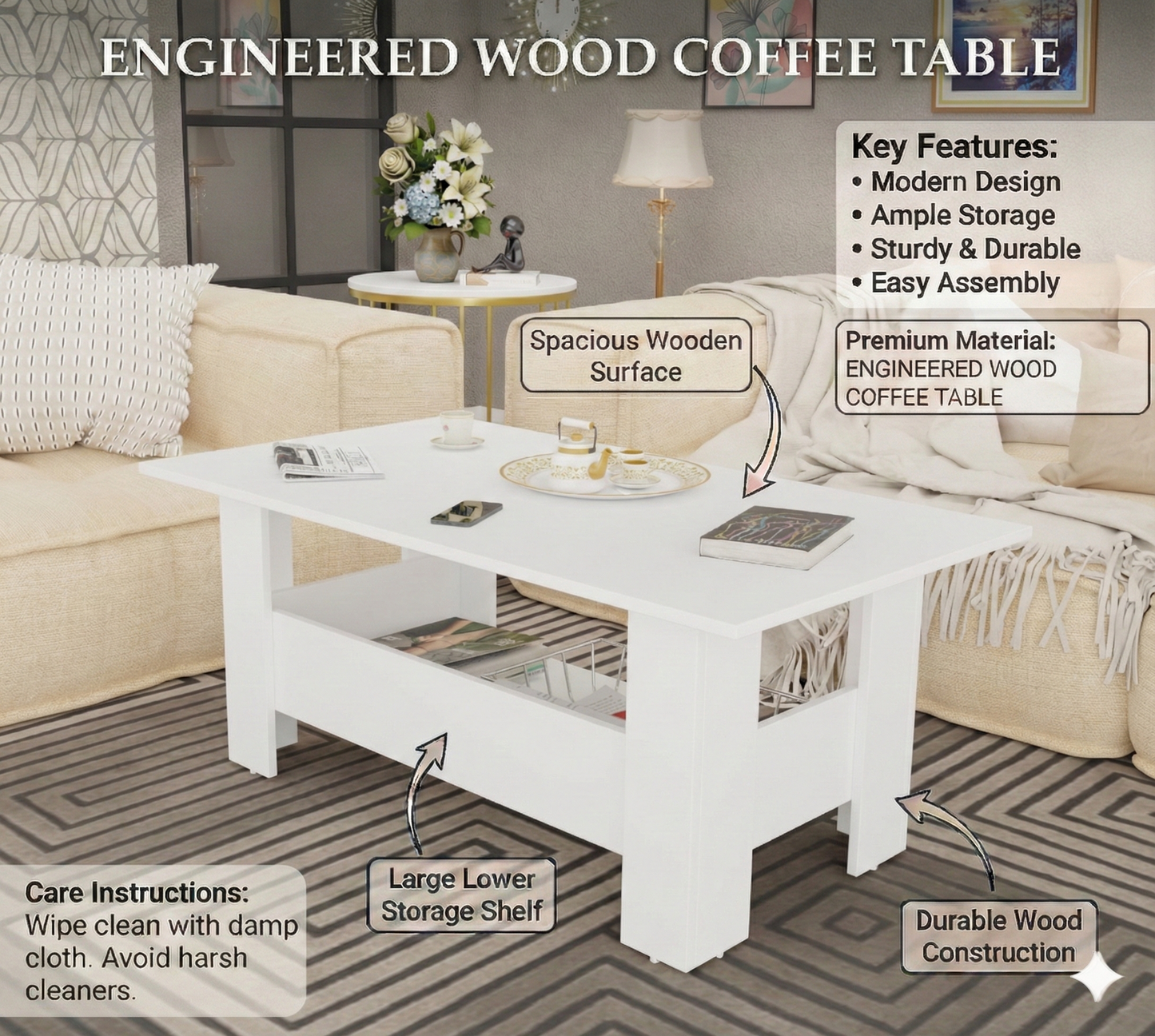 Spyder Craft Gabrial Modern Wooden Coffee Table with Storage| Coffee Table for Living Room Engineered Wood Coffee Table (Modern, White)