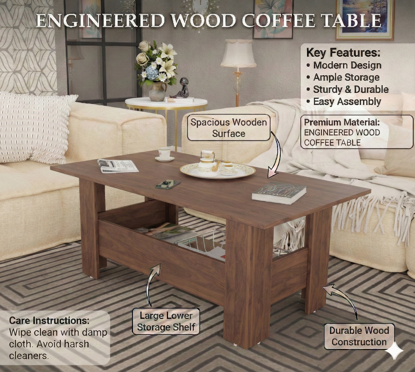 Spyder Craft Gabrial Modern Wooden Coffee Table with Storage| Coffee Table for Living Room Engineered Wood Coffee Table (Modern, Columbian Walnut)