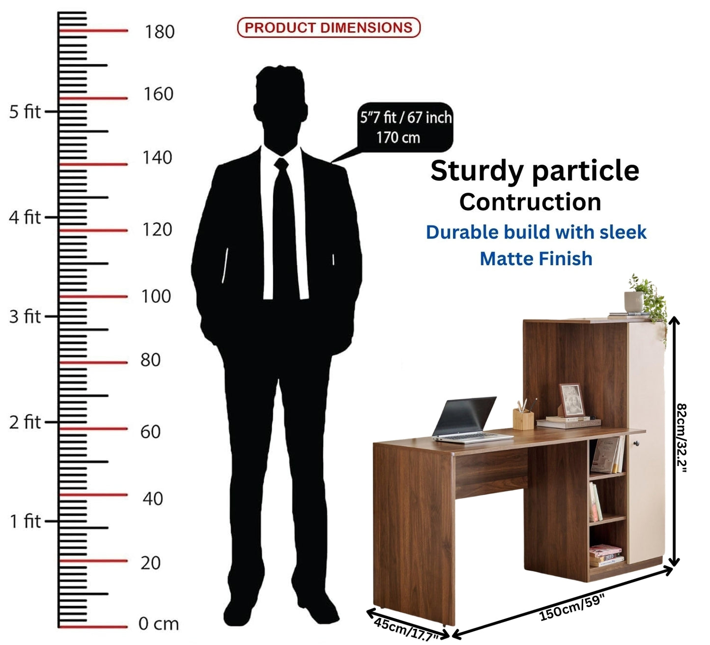 Spydercraft Modern Dyna Study Table with Storage Cabinet – Space-Saving Work Desk in Walnut & White Finish