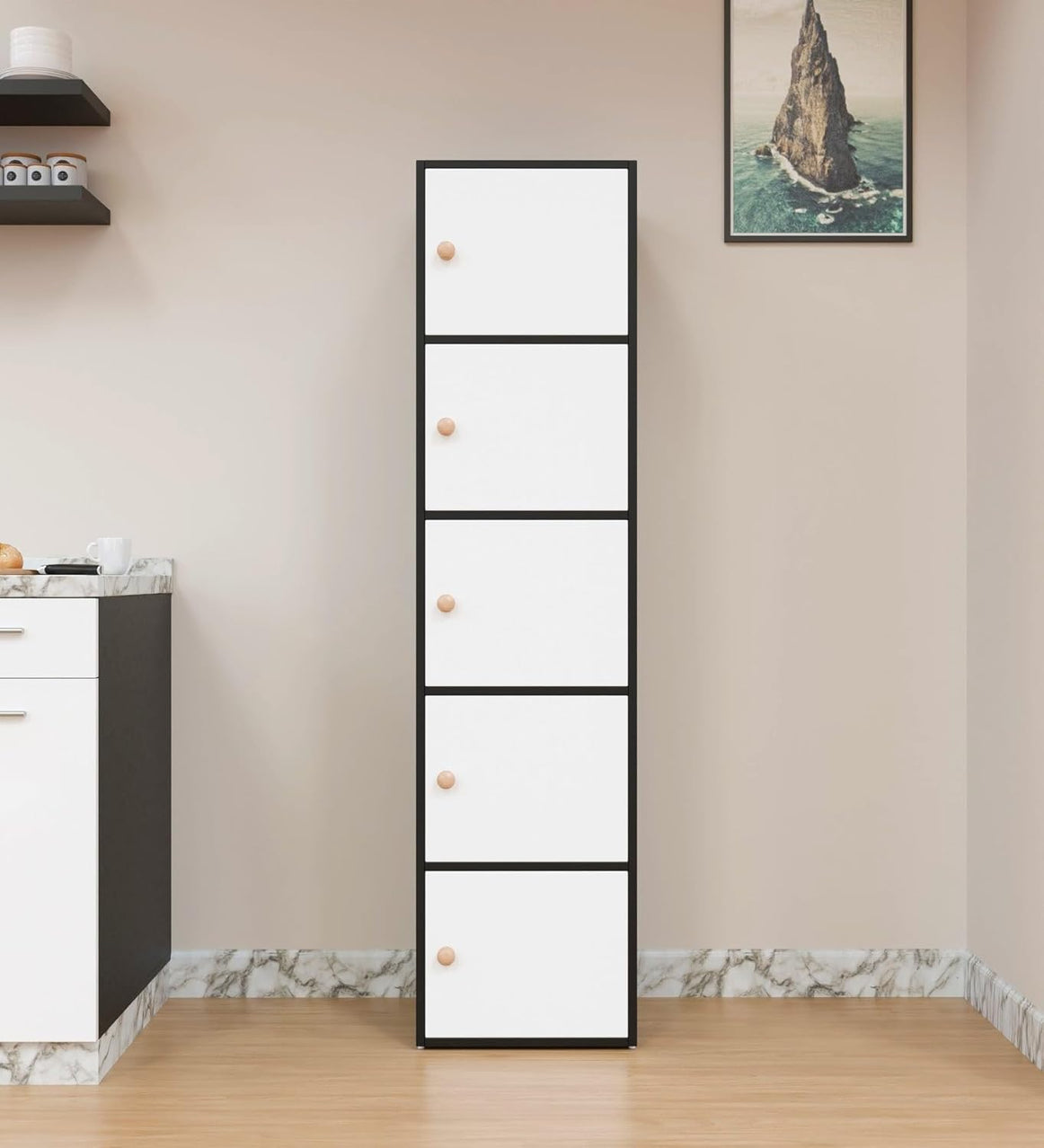 Spyder Craft Wooden Cabinet - Five Tier Engineered Wood Storage Cabinet for Living Room, Space Saving Furniture for Home, Office, Kitchen, Color Black-White -L 38 x B 38 x H 165.5 cm 1 Year Warranty