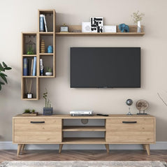 Spyder Craft D1 TV Unit With Wall Shelf Tv Stand With Bookshelf Wall Mounted With Shelf Modern Leg 180 cm, Color: Beige Tv Stand: Width: 180 cm - Depth: 35 cm - Height: 48.3 cm Beige Engineered Wood - Particle Board with Laminate Finish: Matte Wood Grain