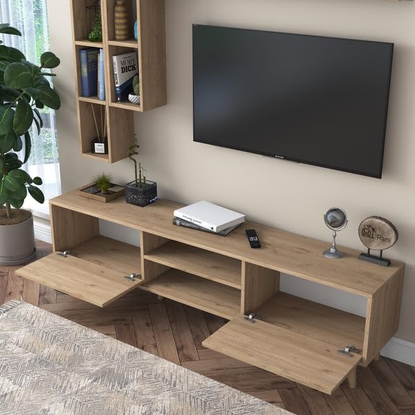 Spyder Craft D1 TV Unit With Wall Shelf Tv Stand With Bookshelf Wall Mounted With Shelf Modern Leg 180 cm, Color: Beige