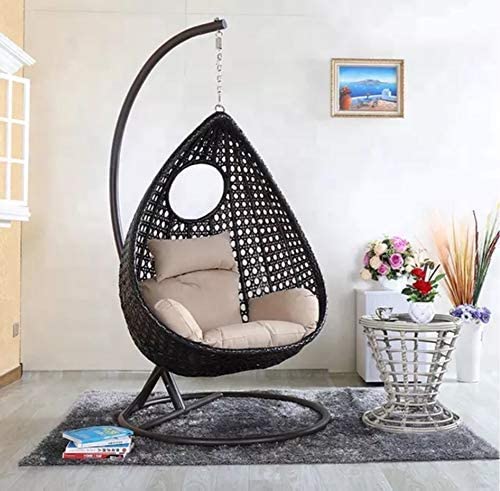 Spyder Home Decore Rattan Single Seater Hammock Swing Chair With Stand And Cushion Outdoor Indoor Balcony Garden Patio, Powder Coated Frame, Uv Protected Wicker, Premium Cushion (Black+Beige)