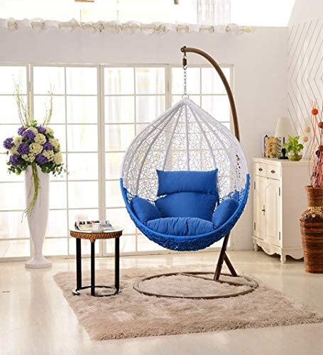 Spyder Craft Single Seater Hammock Swing Chair with Stand and Cushion Outdoor Indoor Balcony Garden Patio, Powder Coated Frame, UV Protected Wicker, Premium Cushion (Blue)