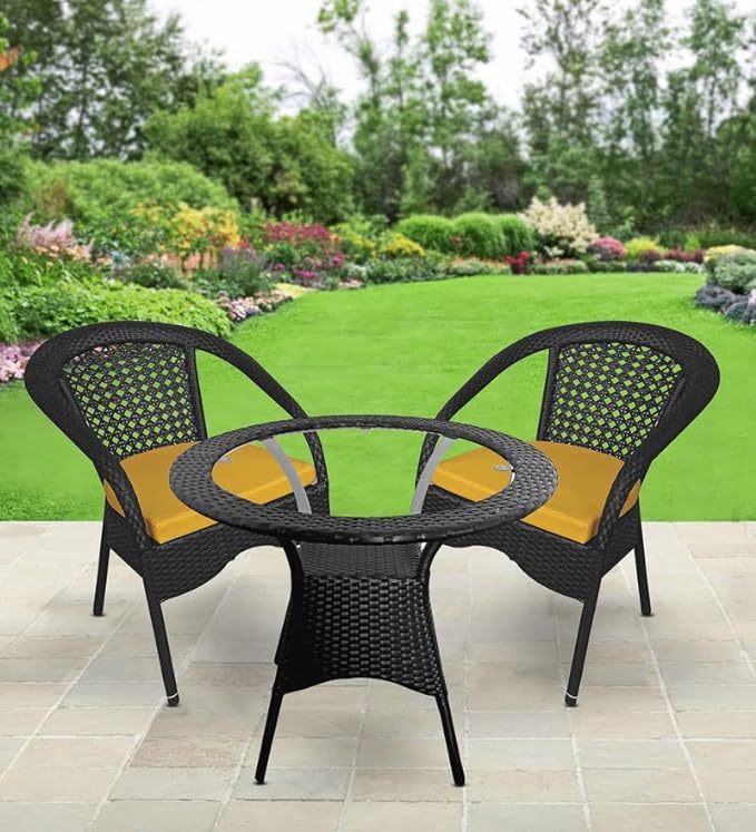 SPYDER CRAFT Rattan Wicker Patio Furniture Sets Outdoor Garden Balcony Coffee Chair Table Set 2+1 with Cushion, Powder Coated, UV Protected, (Black)
