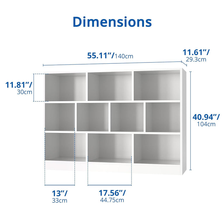 Spyder Craft White Wood Bookshelf, 3-Tier Open Shelf Bookcase, 10 Cube Storage Organizer with Anti-Tilt Device for Bedroom, Living Room, 55.12" W x 11.61“D x 40.95“H