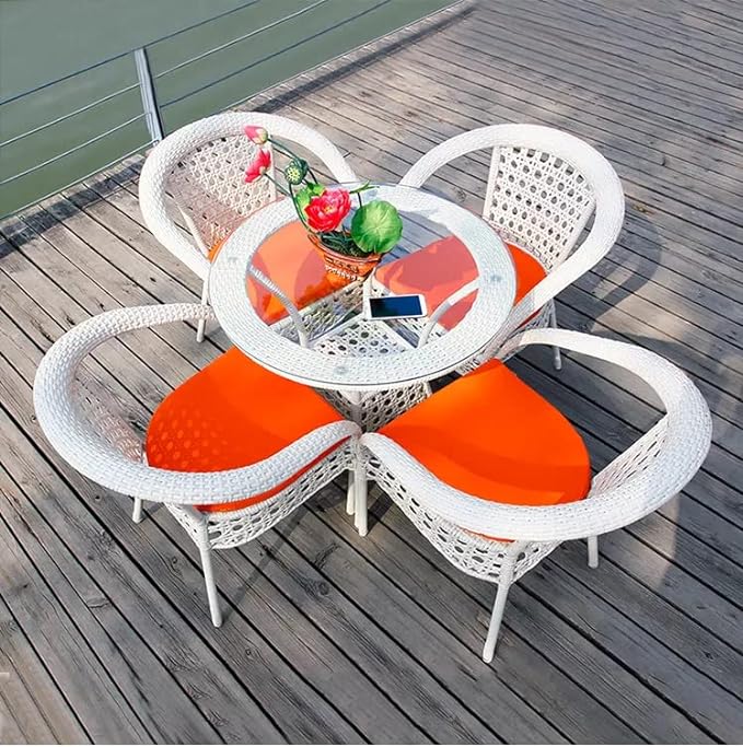 SPYDER CRAFT Rattan Wicker Patio Furniture Sets Outdoor Garden Balcony Coffee Chair Table Set 4+1 with Cushion, Powder Coated, UV Protected, (White)