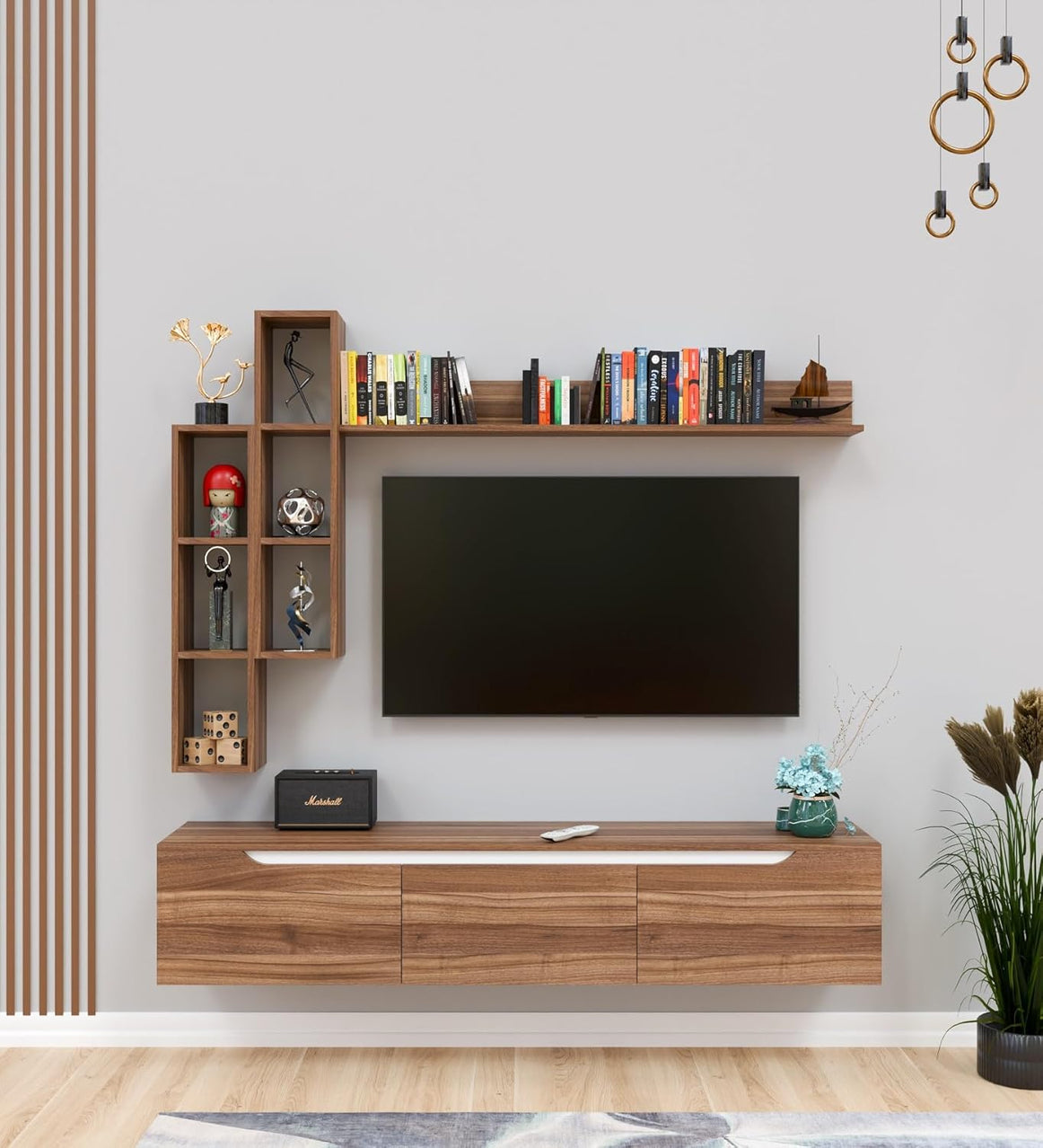 Spyder Craft D3 Wall Mounting Floating TV Unit with Wall Shelf TV Stand with Bookshelf Wall Mounted with Shelf Modern Color: Wood Brown & White, Easy to Assemble, 1 Year Warranty