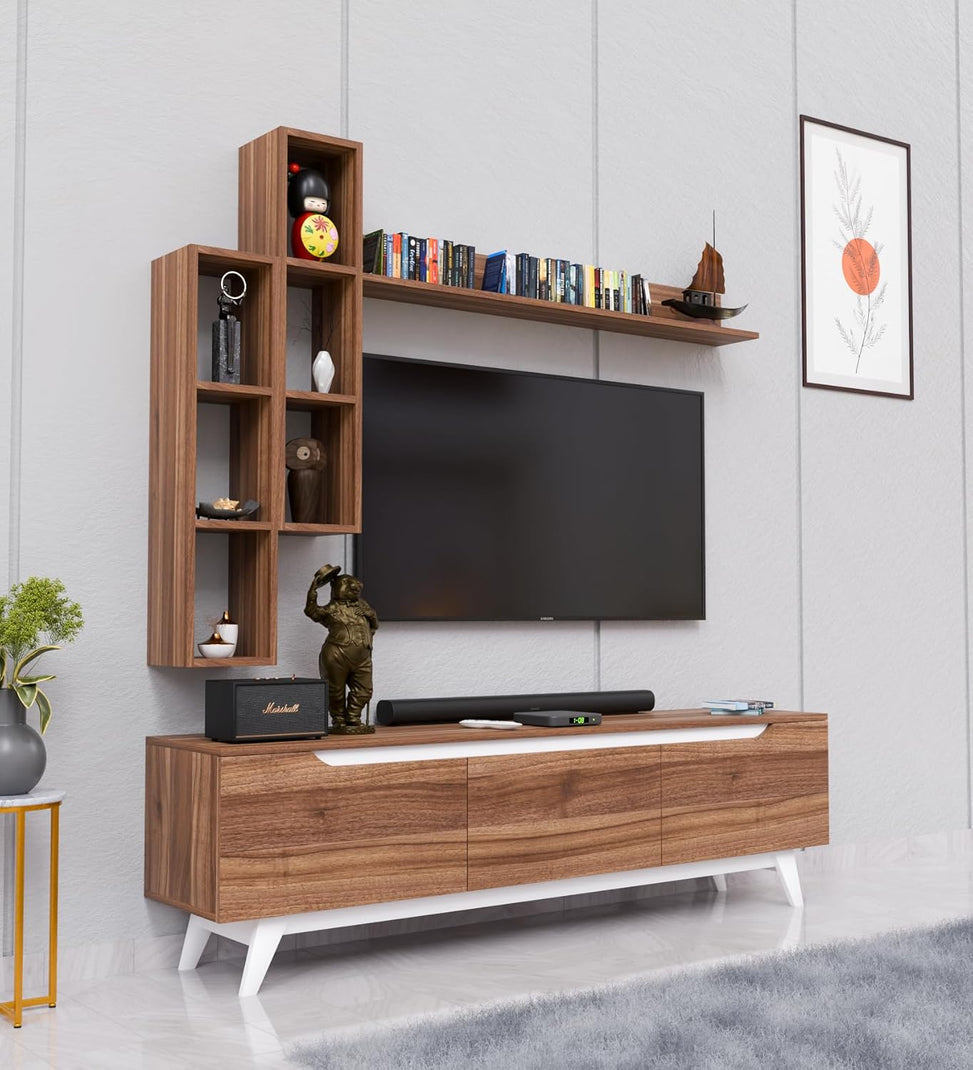 Spyder Craft Matte Finish M5 TV Unit with Wall Shelf TV Stand with Wall Mounted with Shelf for Living Room and Bedroom, Color: White - Miniature Walnut || Assembly -DIY (Do-It-Yourself)