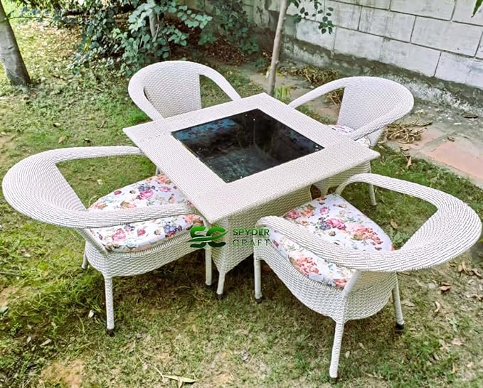 SPYDER CRAFT Rattan Wicker Patio Furniture Sets Outdoor Garden Balcony Coffee Chair Table Set 4+1 with Cushion, Powder Coated, UV Protected, (Off-White)