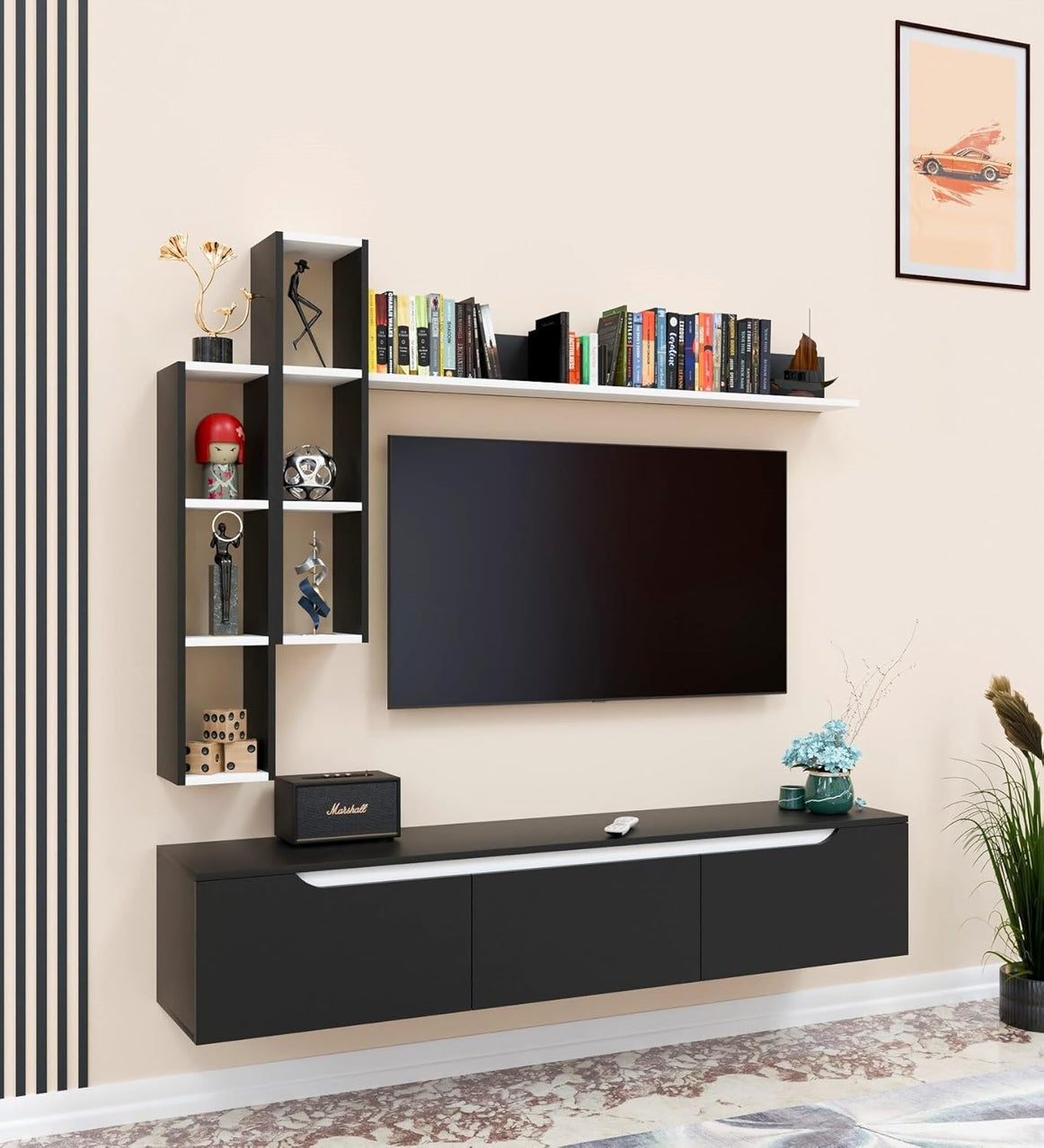 Spyder Craft D3 Wall Mounting Floating TV Unit with Wall Shelf TV Stand with Bookshelf Wall Mounted with Shelf Modern Color: Black  | 1 Year Manufacturing...