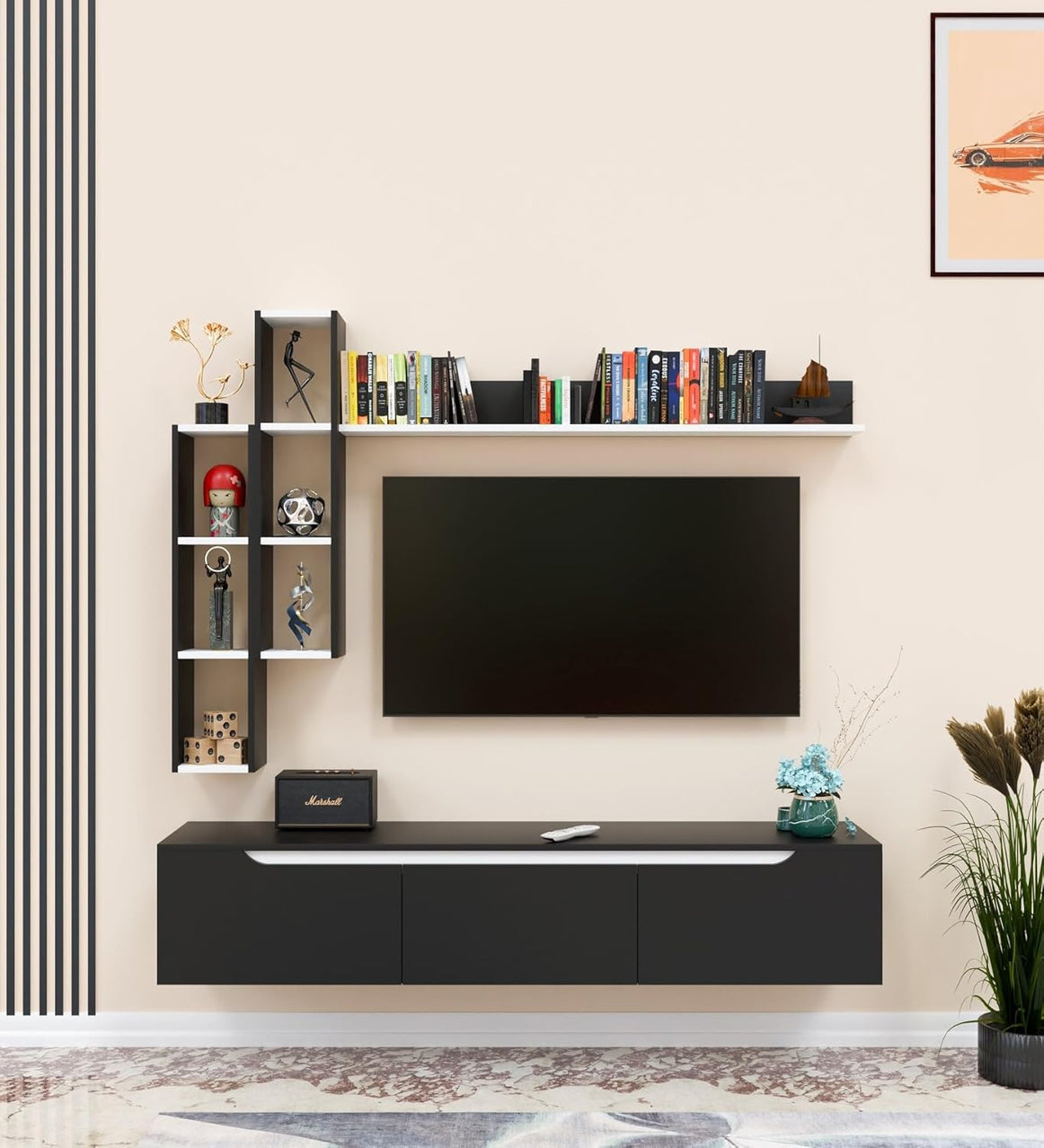 Spyder Craft D3 Wall Mounting Floating TV Unit with Wall Shelf TV Stand with Bookshelf Wall Mounted with Shelf Modern Color: Black  | 1 Year Manufacturing...