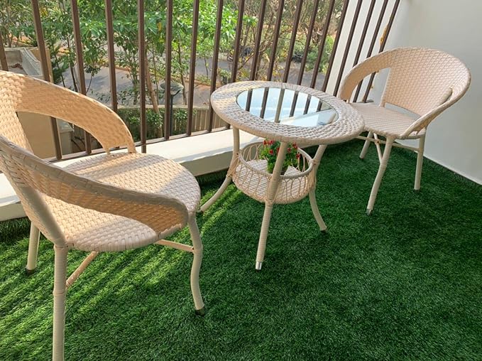 SPYDER CRAFT Rattan Wicker Patio Furniture Sets Outdoor Garden Balcony Coffee Chair Table Set 2+1, Powder Coated, UV Protected, (Off White)