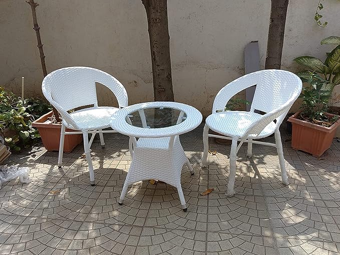 SPYDER CRAFT Rattan Wicker Patio Furniture Outdoor Garden Balcony Coffee Sets, 2 Chairs 1 Table Set, Powder Coated, UV Protected, (White)