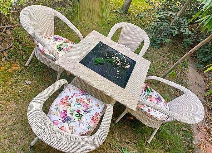 SPYDER CRAFT Rattan Wicker Patio Furniture Sets Outdoor Garden Balcony Coffee Chair Table Set 4+1 with Cushion, Powder Coated, UV Protected, (Off-White)