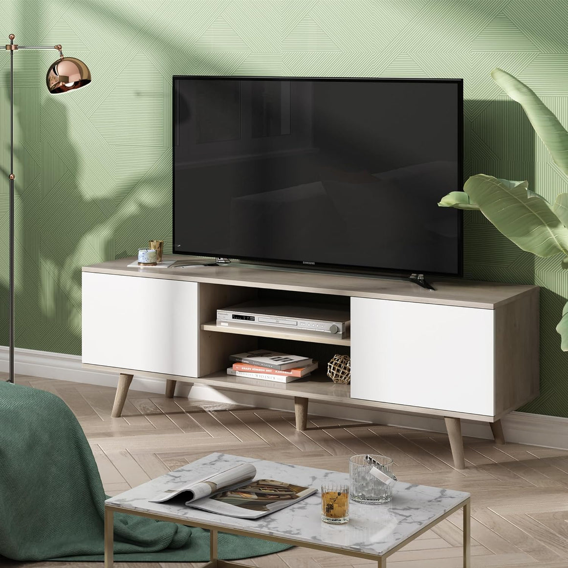 Spyder Craft Tv Unit With Wall Shelf Tv Stand With Bookshelf Wall Mounted With Shelf Modern Leg 180 cm White - Basket Walnut M16 White