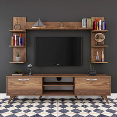 Spyder Craft A9 Tv Unit With Wall Shelf Tv Stand With Bookshelf Wall Mounted With Shelf Modern Leg 180 cm Miniature Walnut M23 Walnut