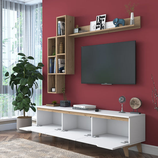 Spyder Craft D1 TV Unit With Wall Shelf Tv Stand With Bookshelf Wall Mounted With Shelf Modern Leg 180 cm White - Basket Walnut M16