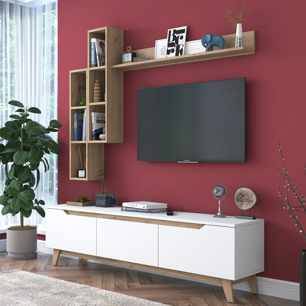 Spyder Craft D1 TV Unit With Wall Shelf Tv Stand With Bookshelf Wall Mounted With Shelf Modern Leg 180 cm White - Basket Walnut M16