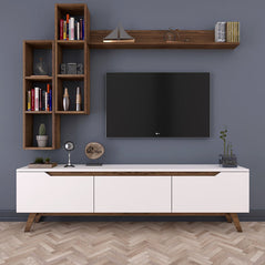 Spyder Craft D1 Tv Unit With Wall Shelf Tv Stand With Bookshelf Wall Mounted Shelf Modern Leg 180 cm White - Miniature Walnut M16 Brown