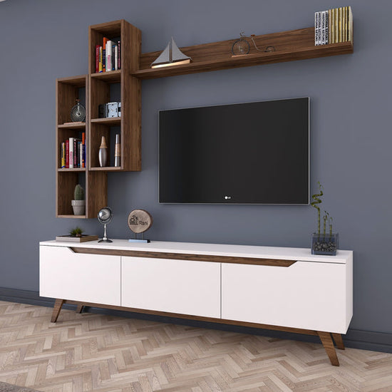 Spyder Craft D1 Tv Unit With Wall Shelf Tv Stand With Bookshelf Wall Mounted Shelf Modern Leg 180 cm White - Miniature Walnut M16