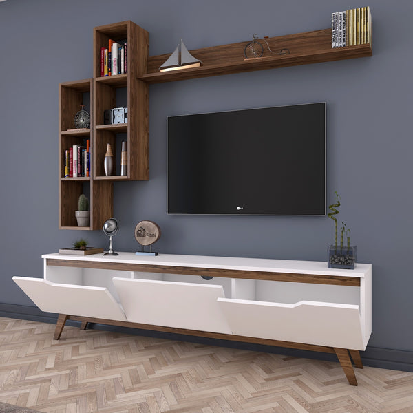 Spyder Craft D1 Tv Unit With Wall Shelf Tv Stand With Bookshelf Wall Mounted Shelf Modern Leg 180 cm White - Miniature Walnut M16
