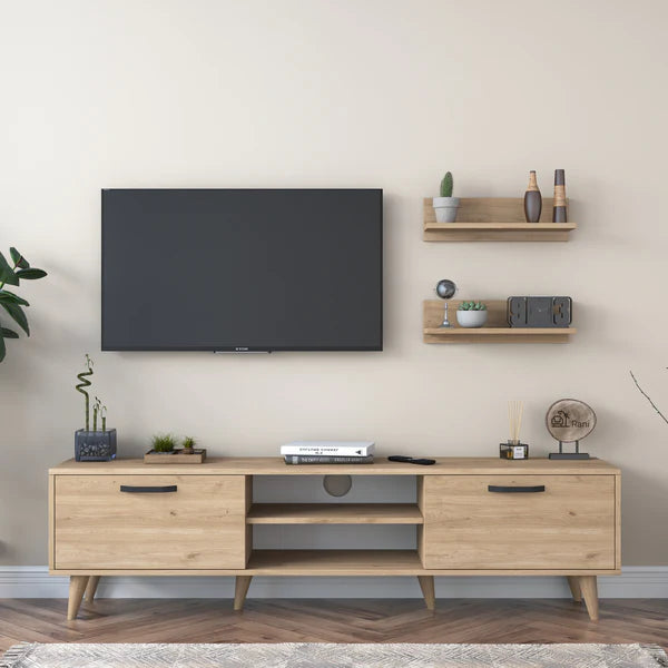 Spyder Craft A5 Tv Unit With Wall Shelf and Bookshelf Modern Free Standing Tv Stand Basket Walnut M48 WALNUT