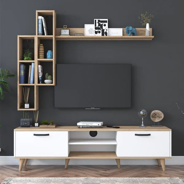 Spyder Craft A5 Tv Unit With Wall Shelf Tv Stand With Bookshelf Wall Mounted Shelves Modern Standing Basket Walnut - White M16 Tan