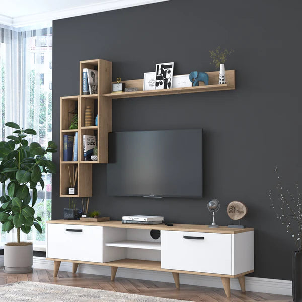 Spyder Craft A5 Tv Unit With Wall Shelf Tv Stand With Bookshelf Wall Mounted Shelves Modern Standing Basket Walnut - White M16