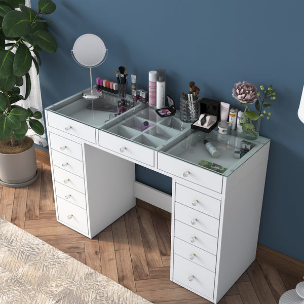 Spyder Craft BJ105 Makeup Dressing Table With 13 Drawers Glass Top Jewelry Organizer White WHITE
