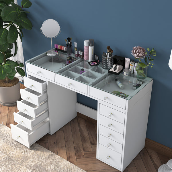 Spyder Craft BJ105 Makeup Dressing Table With 13 Drawers Glass Top Jewelry Organizer White