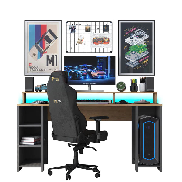 Spyder Craft HA122 Gaming Computer Desk with LED Light Control and RGB Shelves Study Desk Basket Walnut - Anthracite