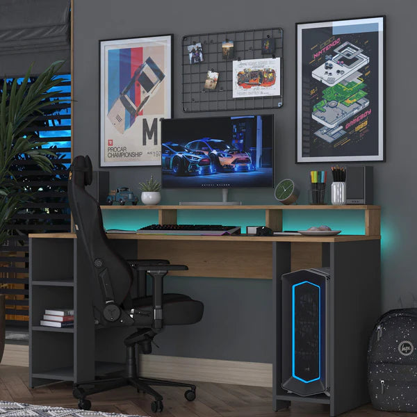 Spyder Craft HA122 Gaming Computer Desk with LED Light Control and RGB Shelves Study Desk Basket Walnut - Anthracite
