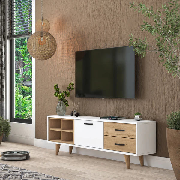 Spyder Craft AA133 TV Unit 150 Cm TV Stand with 2 Drawers and Open Shelves White - Basket Walnut