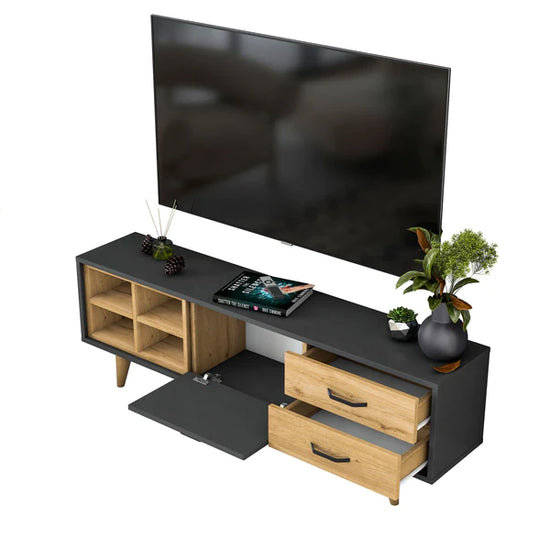Spyder Craft AA133 TV Unit 150 Cm TV Stand with 2 Drawers and Open Shelves Anthracite - Basket Walnut
