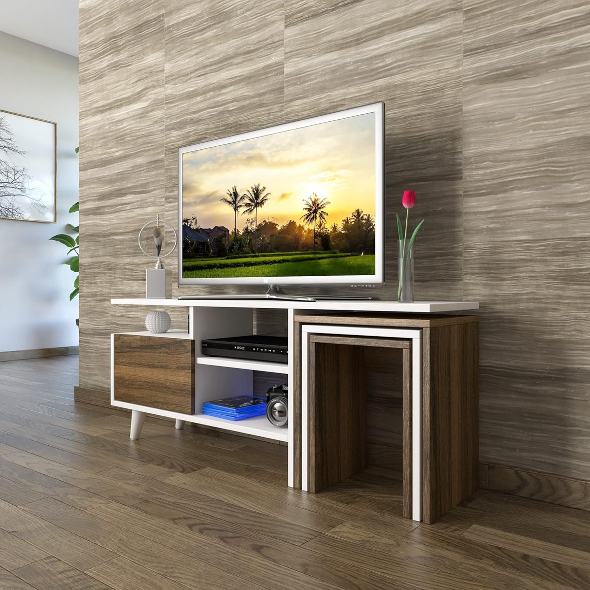 Spyder Craft TV Cabinet Nature Nesting Table TV Unit - TV Stand White-Walnut WHITE