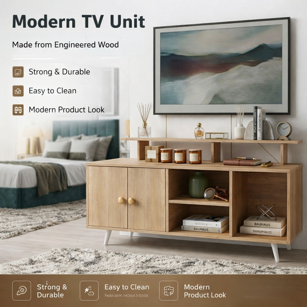 Spydercraft Modern Marbay TV Unit with Storage & Display Shelf – Space-Saving Entertainment Console in Canyon Oak Finish