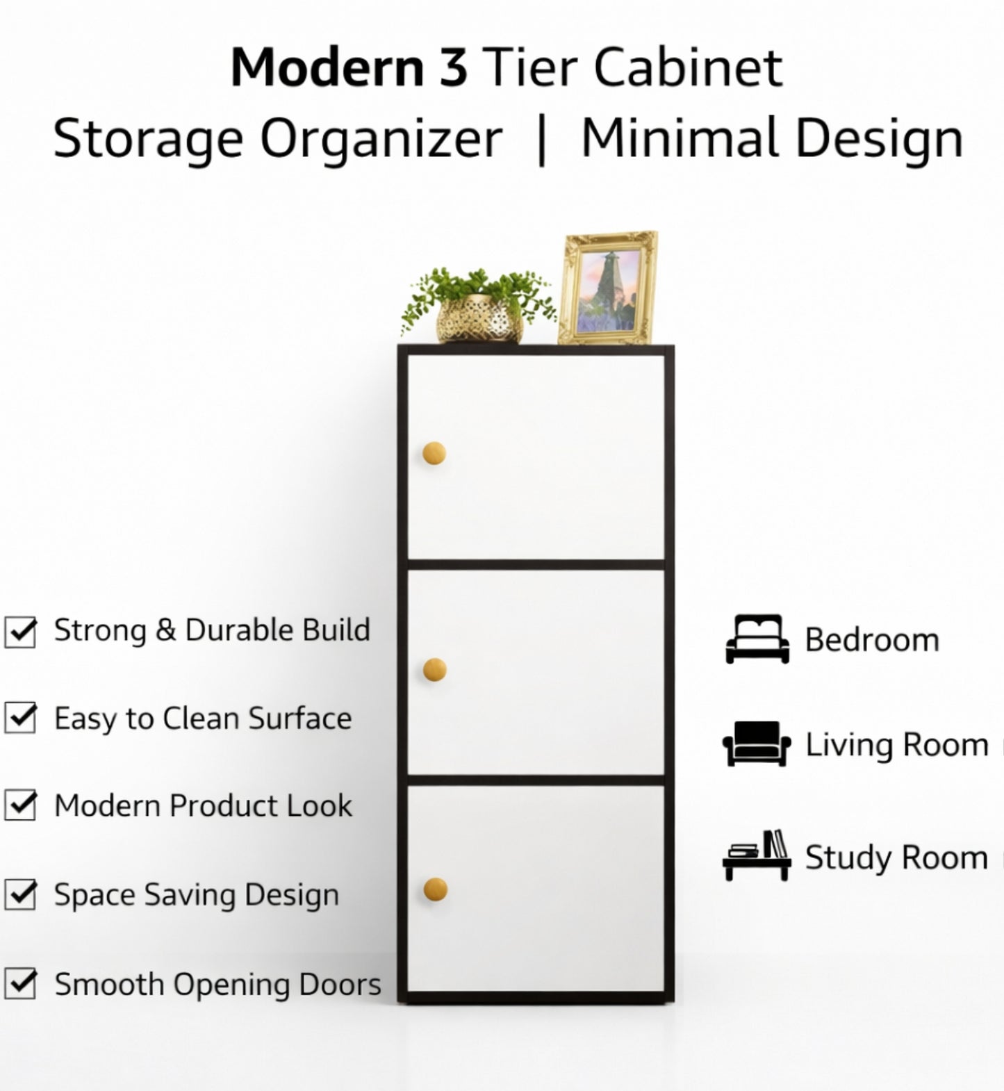 3-Tier Multipurpose Storage Cabinet – Compact Vertical Organizer in Black & White