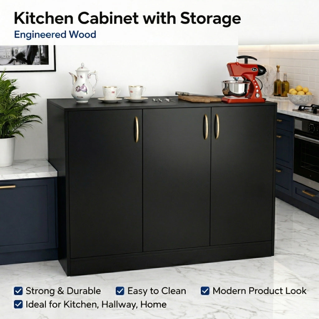 Spydercraft Accent Modern Storage Cabinet with Matte Finish and Premium Metal Handles| Color: Black | Multipurpose cabinet